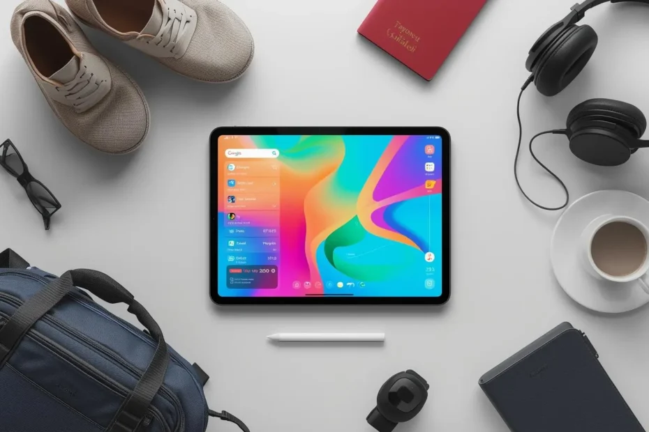 "A stylish flat-lay of a lightweight tablet on a travel setup: backpack, passport, headphones, coffee cup, and travel notebook. Tablet screen showing maps, e-books, or travel apps. Bright, clean, and modern style, realistic gadgets, minimalistic background, high-resolution, visually appealing, tech and travel-focused, suitable for Indian audience." Optional style keywords: flat-lay composition bright and vibrant realistic travel gadgets modern and minimalistic portable tech aesthetic