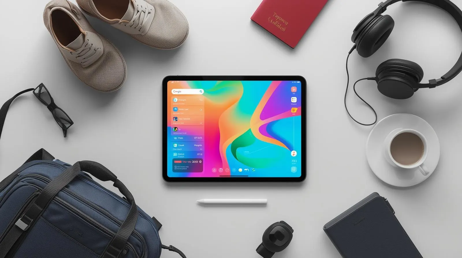 "A stylish flat-lay of a lightweight tablet on a travel setup: backpack, passport, headphones, coffee cup, and travel notebook. Tablet screen showing maps, e-books, or travel apps. Bright, clean, and modern style, realistic gadgets, minimalistic background, high-resolution, visually appealing, tech and travel-focused, suitable for Indian audience." Optional style keywords: flat-lay composition bright and vibrant realistic travel gadgets modern and minimalistic portable tech aesthetic