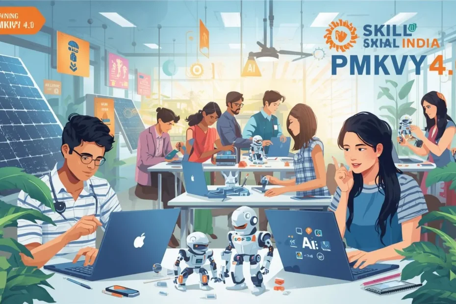 Feature Image Prompt: A vibrant illustration of Indian youth (male & female) in a training center, some working on laptops with AI/ML symbols, others assembling small robots, and a group with solar panels/green energy setup in the background. Bright, motivational vibe with “Skill India PMKVY 4.0” written boldly.