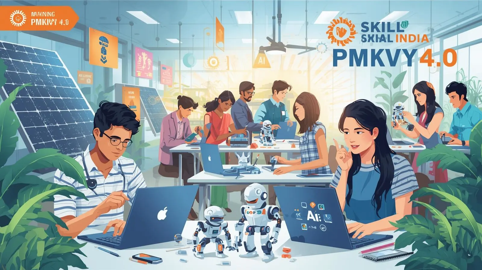 Feature Image Prompt: A vibrant illustration of Indian youth (male & female) in a training center, some working on laptops with AI/ML symbols, others assembling small robots, and a group with solar panels/green energy setup in the background. Bright, motivational vibe with “Skill India PMKVY 4.0” written boldly.